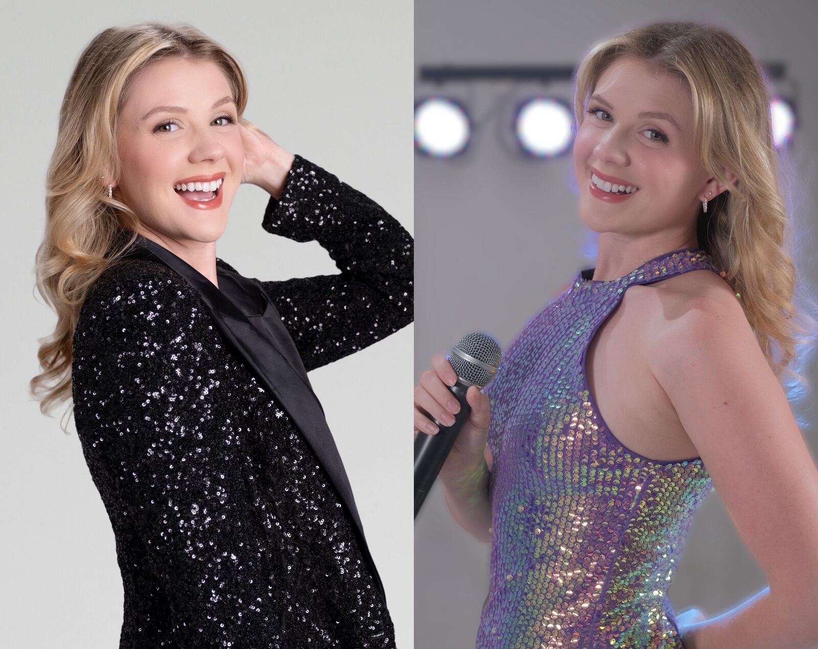 Two portraits of DJ Bayley, one in a black sequin jacket and one on stage with a microphone